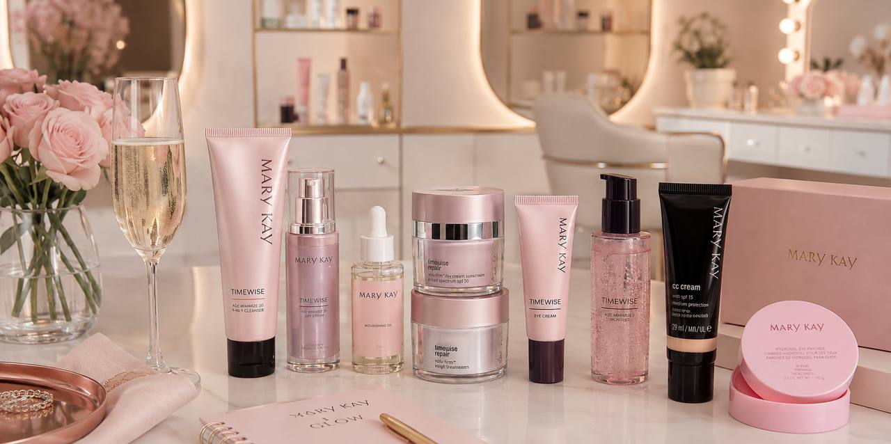 Mary Kay prémium bőrápoló és sminktermékek elegáns márványasztalon, pezsgőspohár és rózsák társaságában, fényűző fésülködőszoba háttérben
